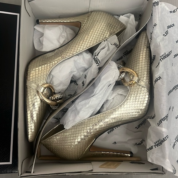 KARL LAGERRFELD CARMY CHAMPAGNE SNAKE-PRINT LEATHER 7 STILETTOS - Picture 6 of 11